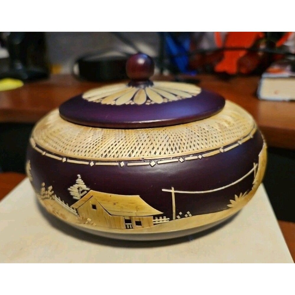 Handmade Straw Marquetry Wooden Trinket Bowl W/ Lid Village Scenery 6” Round - Picture 6 of 8